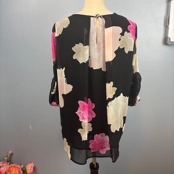 Calvin Klein Feminine Dark Floral Drape Blouse Top Roll Tab Sleeves Sheer Medium - Picture 2 of 7